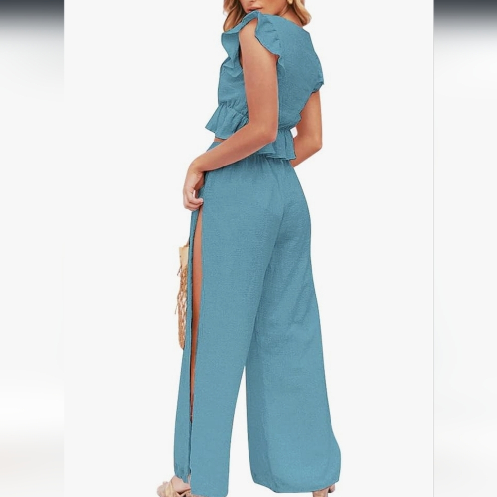 Blue Ruffle Two Piece Jumpsuit - Picture 2 of 6